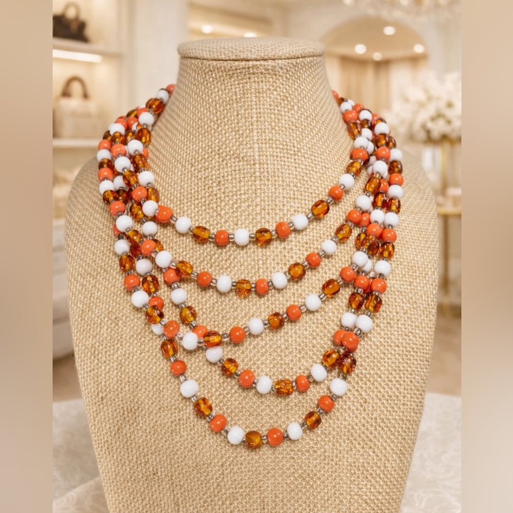 Vintage JAPAN Multi Strand Glass Bead Necklace Amber Coral White Mid Century 12"